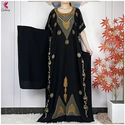 New Muslim Sets For Women Short Sleeve Dress Cotton Fashion Embroider Loose Lady Robe African Islam Clothing With Hijabs Turban