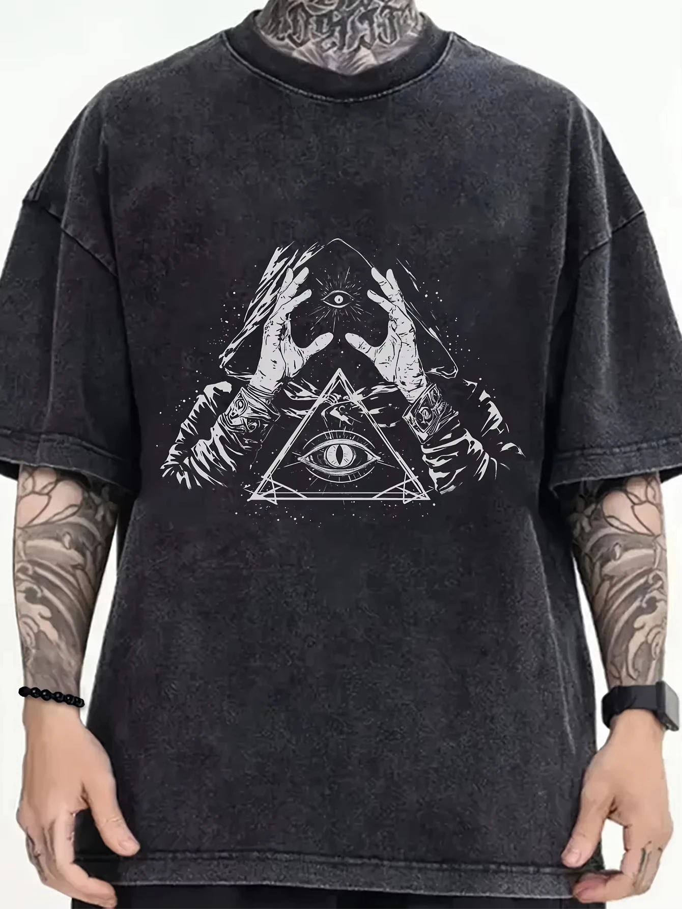 

Men'S Cotton Washed Gothic Casual Crew Neck T-Shirt Short Sleeve Creative Painting Eye Print Loose T Shirt