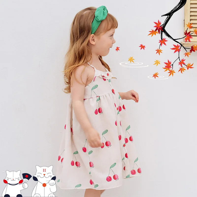 

Jenny&Dave Spot 23 Summer New Girls' Fashionable Sling Dress with Cartoon Cherry Full Print Casual Dress for Girls