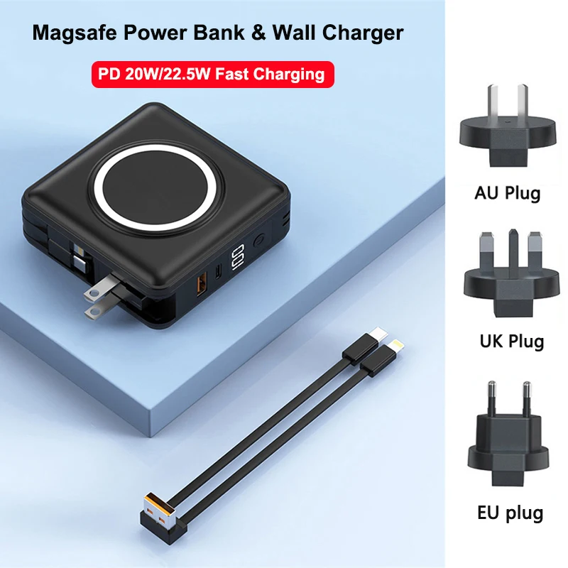 

15000mAh Magsafe Power Bank with AC Plug Wall Charger Magnetic Wireless 22.5W Fast Charger For iPhone 16 Huawei Xiaomi Powerbank