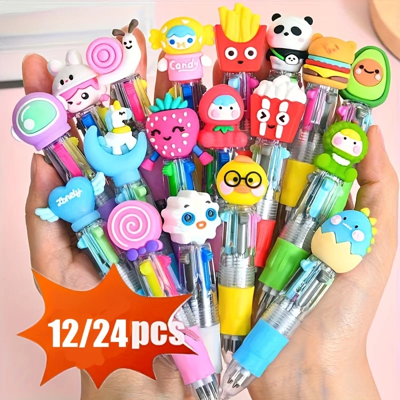 12/24Pcs Kawaii 4 in 1 Multicolor Ballpoint Pen Set Cute Funny Stationery Party Favor Classroom Reward School Office Small Gifts