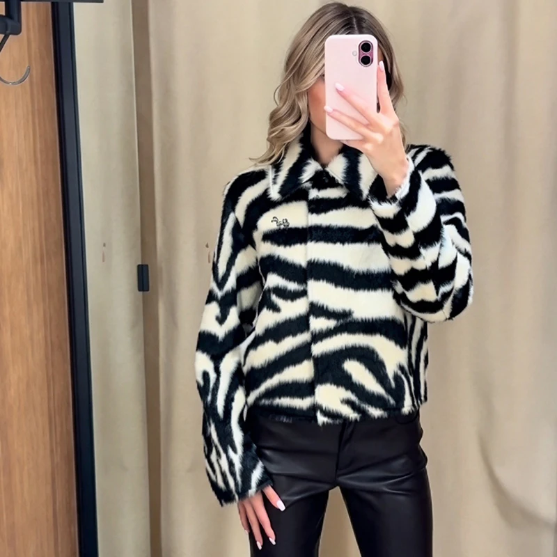 New Arrival Women Y2k Zebra Striped Faux Fur Short Coat Lapel Collar Single‑breasted Cropped Fuzzy Plush Jacket Street Outerwear