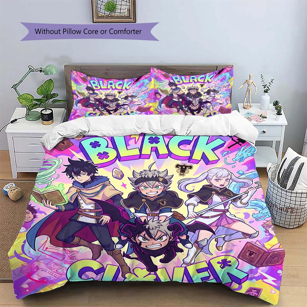 Black Clover Patterned Pillowcase & Duvet Cover Set Anime Style Bedroom Decor Great Gift for Enthusiasts YUN6518