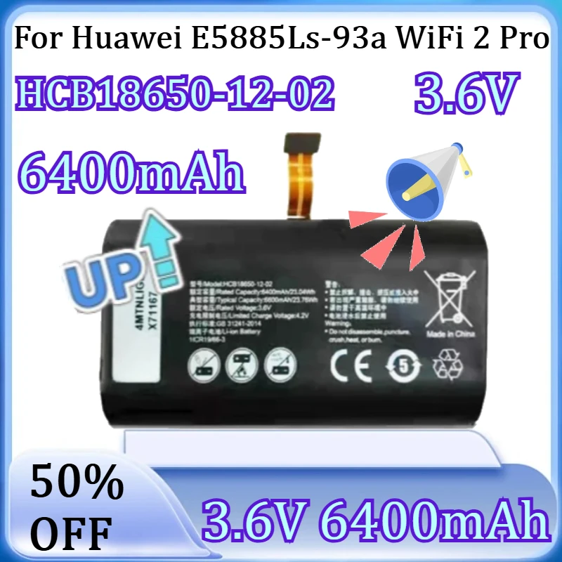 

New Li-Ion Rechargeable Accumulator Pack Replacement 3.6V 6400mAh HCB18650-12-02 Battery for Huawei E5885Ls-93a WiFi 2 Pro