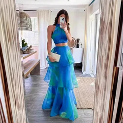 Fashion Pattern Print Princess Suit Sexy Halter Off Shoulder Blouse & Cake Skirt Sets Women Elegant Sleeveless Slim 2Pc Outfits