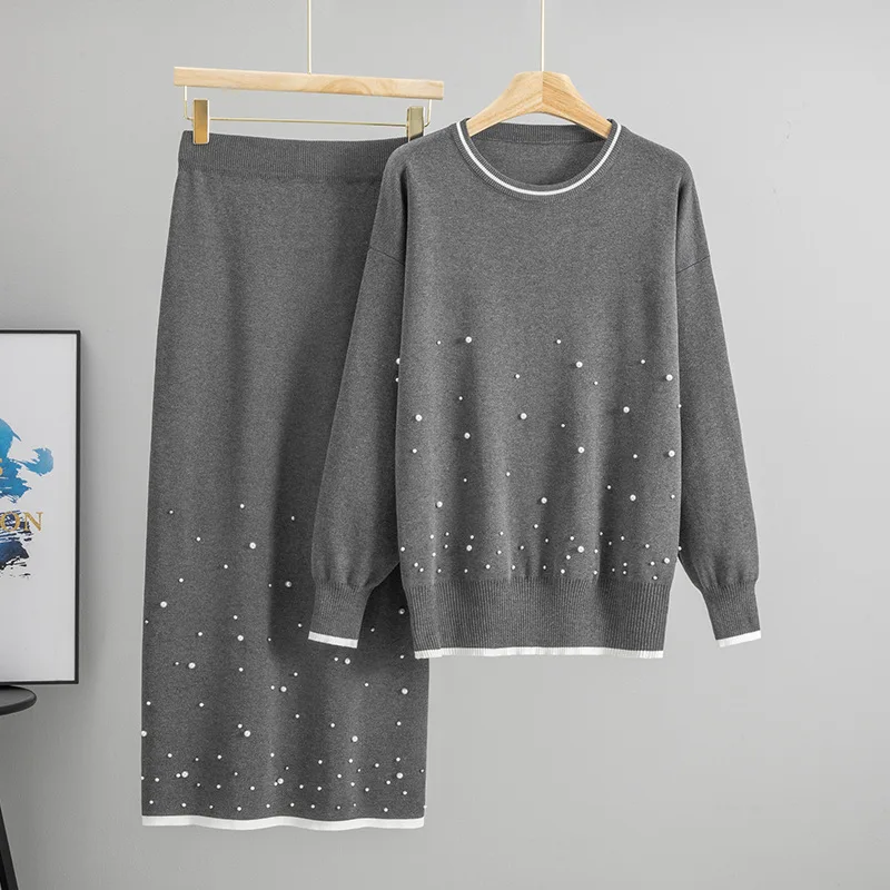 Muslimischen Perlen Frauen Pullover Stricken Anzug Zwei Stück Sets Pullover Gestrickte Lange Rock Outfits Lässige Strickwaren Ensemble Herbst