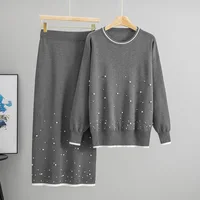 Musulman perles femmes pull tricot costume deux pièces ensembles pull tricoté jupe longue tenues tricots de style décontracté Ensemble automne 4