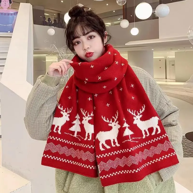 

Christmas Scarf for Women Men Deer Elk Plush Knitted Scarfs Fashion Versatile Double-Sided Print Scarves Winter Warm Shawl Gifts