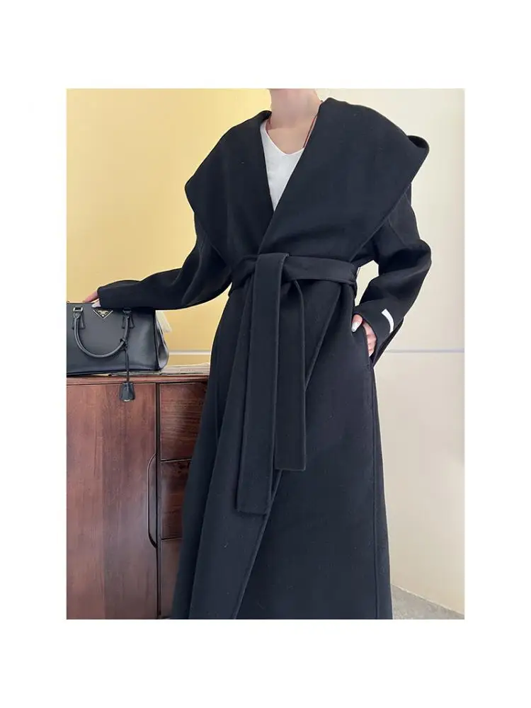 オフィスレディカシミヤ混紡ウールフード付きジャケット2025秋冬ルーズバスローブレースアップタイレディースロングウールコート