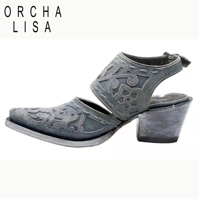 ORCHA LISA 2025 Fashion Female Sandals Square Toe Chunky Heels Back Strap Flower Vintage Women Daily Shoes Plus Size 42 43 44