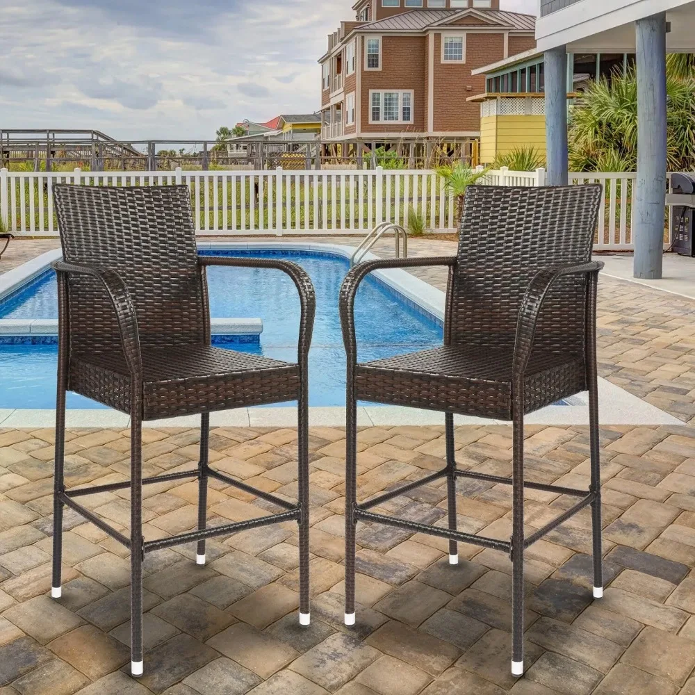 

2PC Outdoor Bar Stools Rattan Bar Stool Wicker Chairs Patio Height Chair w/ Arms
