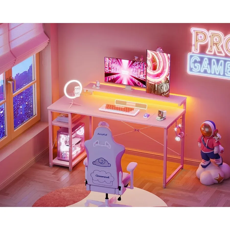 مكتب ألعاب مقاس 48 بوصة مع مخرج طاقة بمصابيح LED للتخزين المتكامل وحامل شاشة قابل للتعديل للاعبين والعمال عن بعد