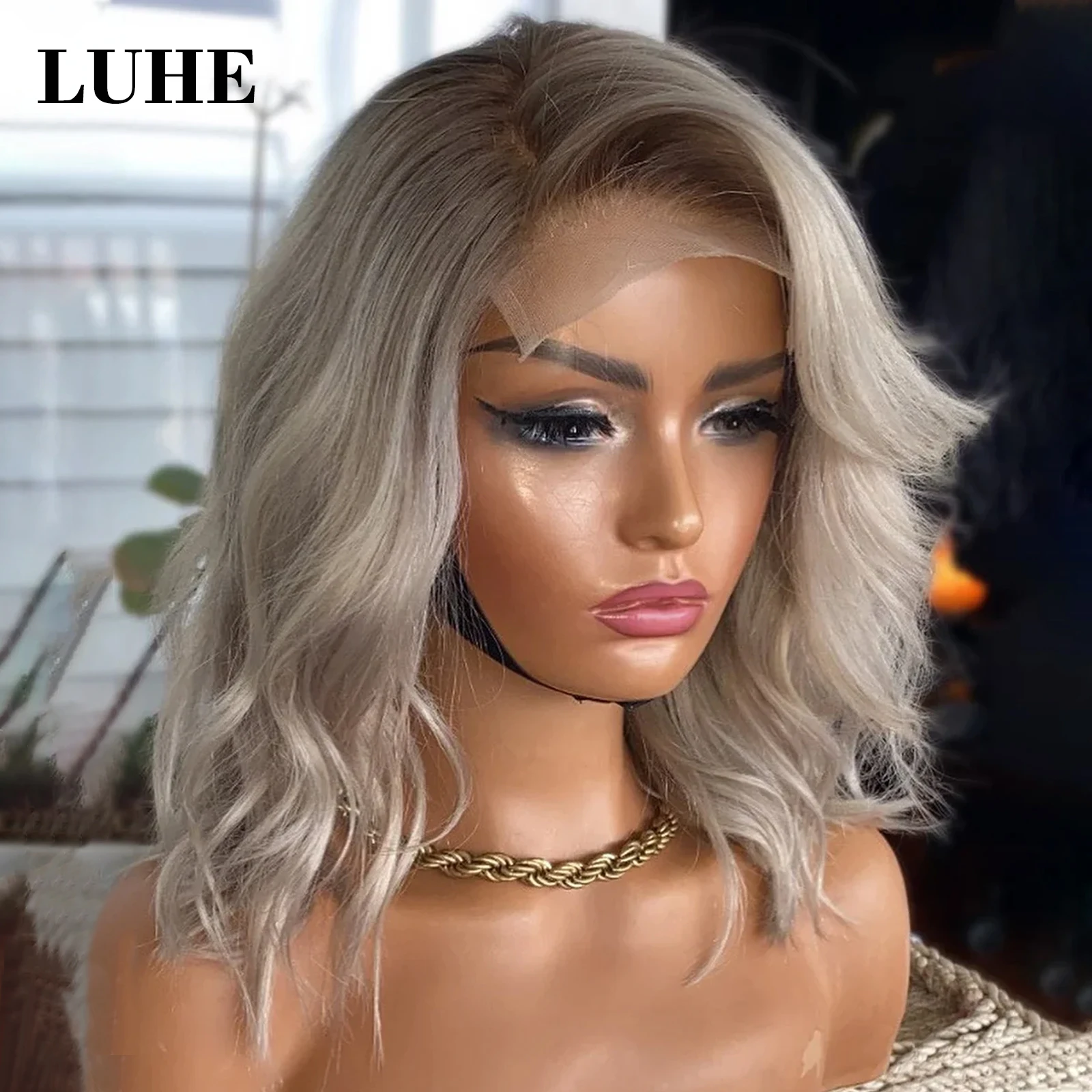 Ombre Ash Blonde Волнистые 13x3 Парики спереди на шнуровке для женщин 16-дюймовый короткий волнистый боб Парик из синтетических волос Коричневый темные корни Кружевной фронтальный парик