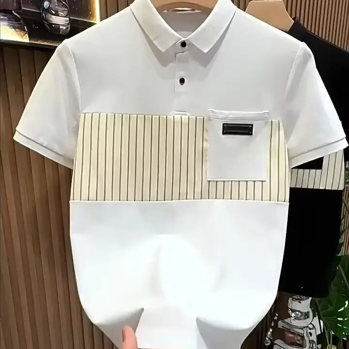 قميص بولو رجالي بياقة متباينة سوداء وأكمام قصيرة، تي شيرت كاجوال أنيق