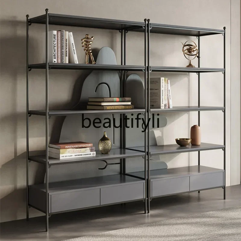 2003Light luxury bookshelf stainless steel multi-layer display shelf metal Nordic floor bookcase living room