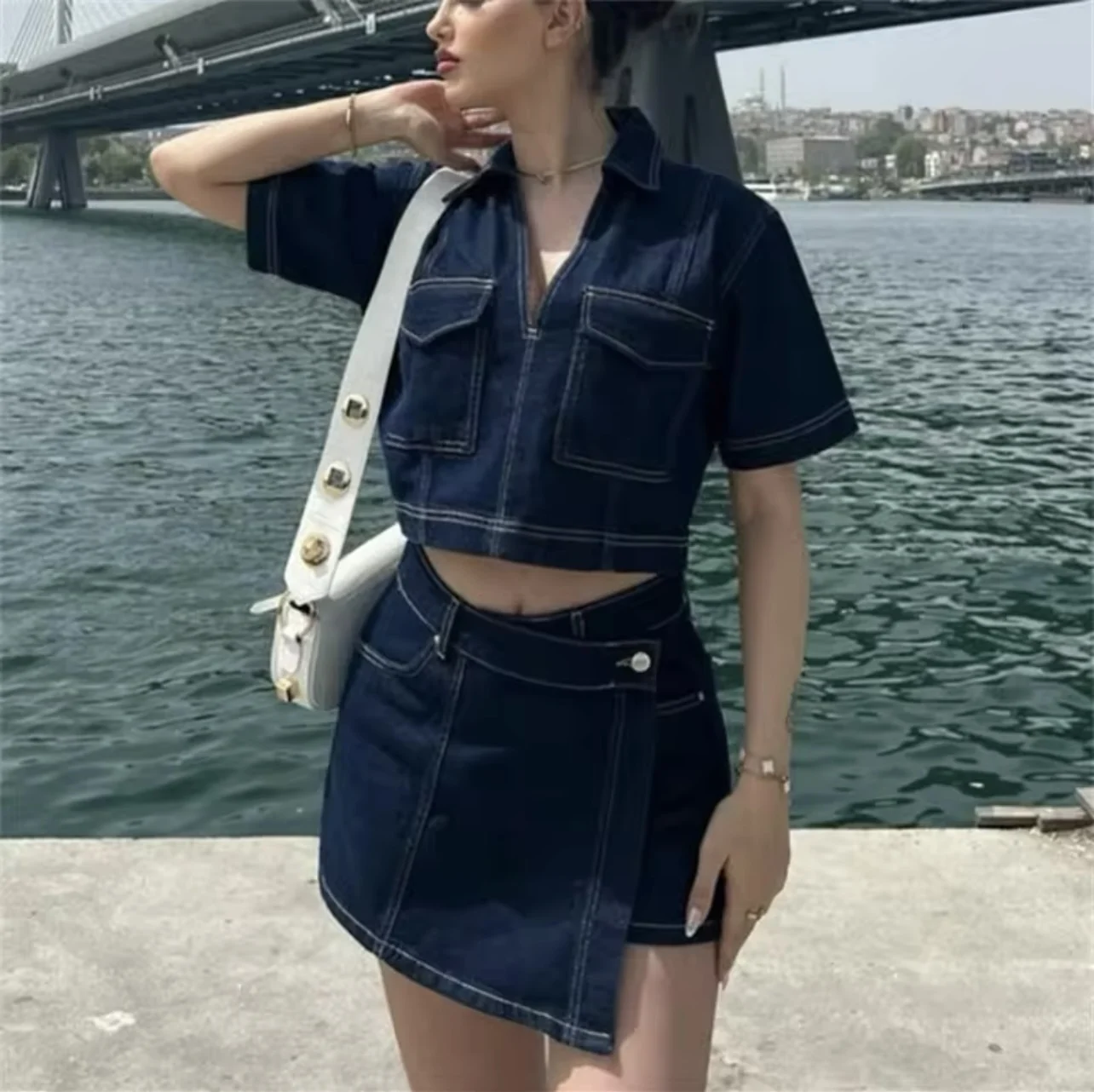 Denim suit 2024 traf New Hottie Style women sexy V-neck loose version short denim top asymmetrical culottes