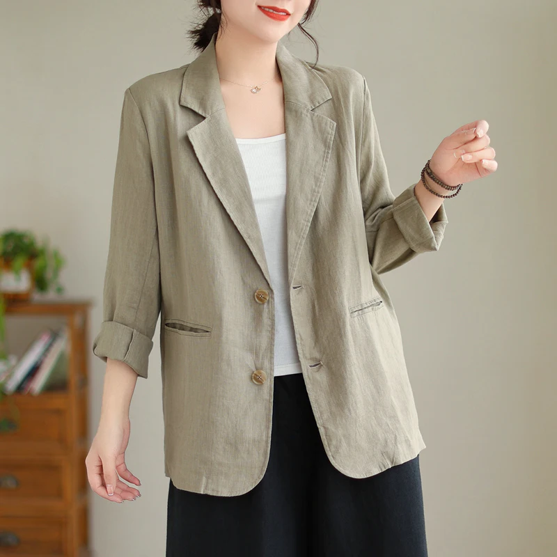 Costume artistique en coton et lin de couleur Pure, coupe ample, col décontracté pour femmes, haut grande taille pour l'automne