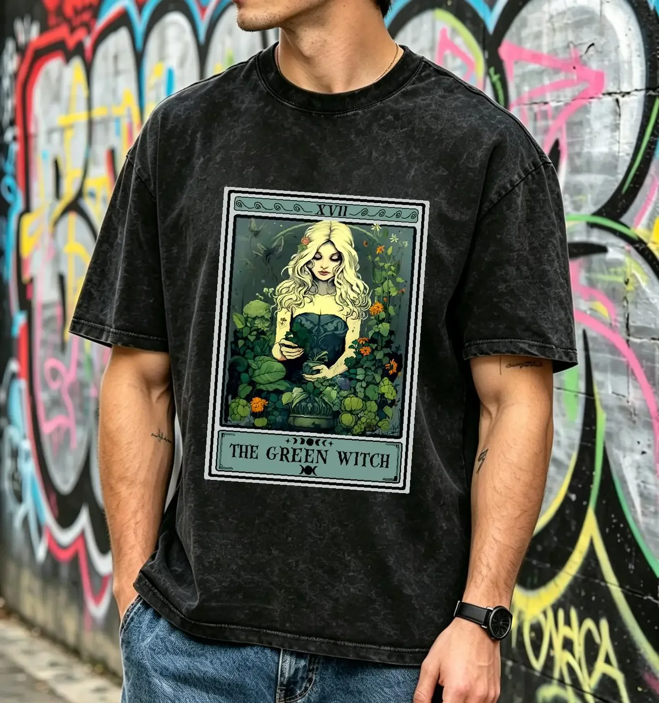 washed T Shirt The Green Witch Tarot Card Witchy Plant Lover s Herbology long or short sleeves vintage Washed Soft graphic