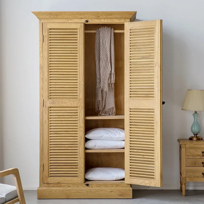 Oak minimalist rural solid wood double door, heaven and earth lock, louver storage cabinet, large capacity wardrobe