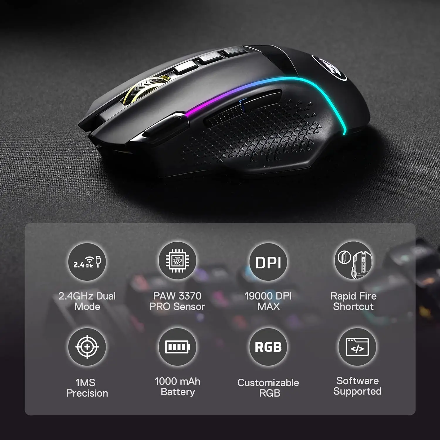 Redragon M991 Wireless Gaming Mouse, 19000 DPI Wired/Wireless Gamer Mouse w/Rapid Fire Key RGB Backlight