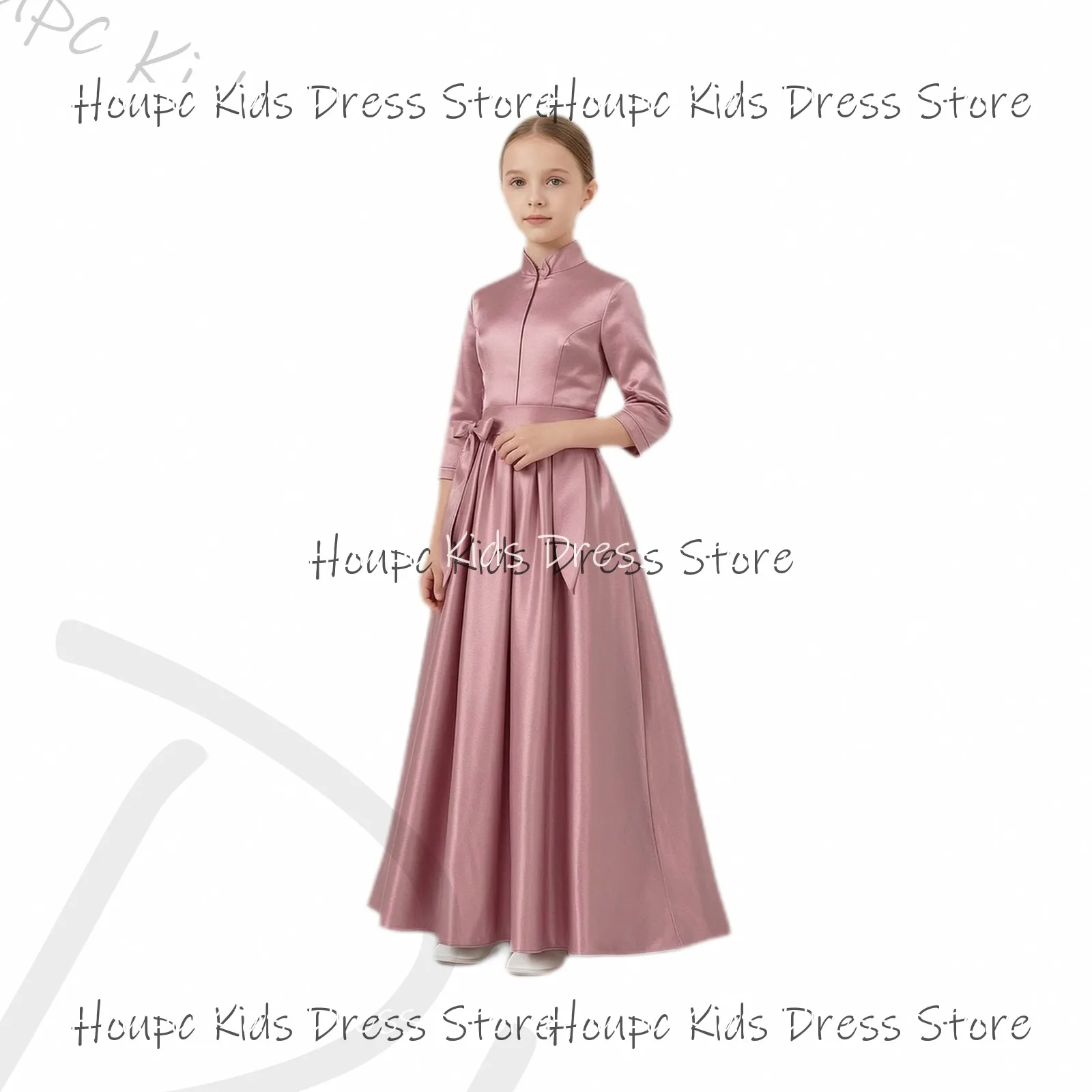 Custom Flower Girl Dresses Elegant Satin Long Sleeve Mandarin Collar Floor-Length Formal Dress for Wedding Birthday Party