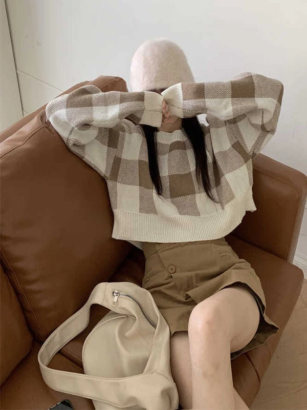 Chic Plaid ort Sweater Sweet Knitted irt Street Sle Slim Fit Long Sve round Ne Moisture ng Autumn Winter Top