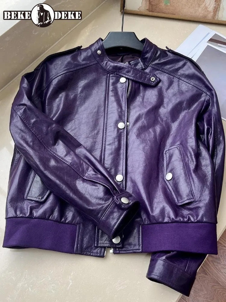 

Street Style Stand Collar Genuine Leather Zipper Jacket Solid Color Sheepskin Loose Ladies Long Sleeves Single-Breasted Coats