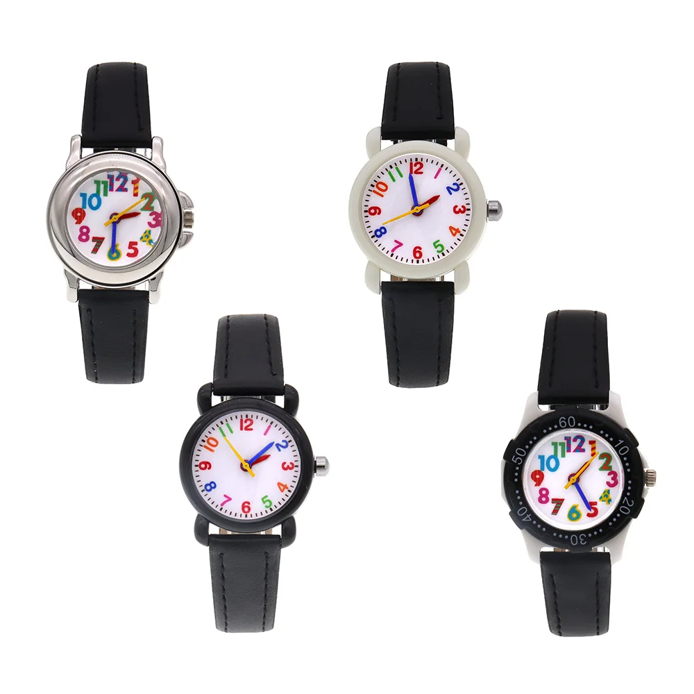 4Pcs  Boys Girls Quartz Wristwatches Simple Watch School Students Watches Black Strap