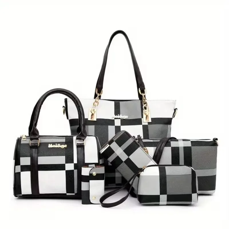 

6Pcs Women's Bag Set -pu Tote Bag Plaid Women's Purse and Handbag Satchel Shoulder Bag Handbag Top Handbag