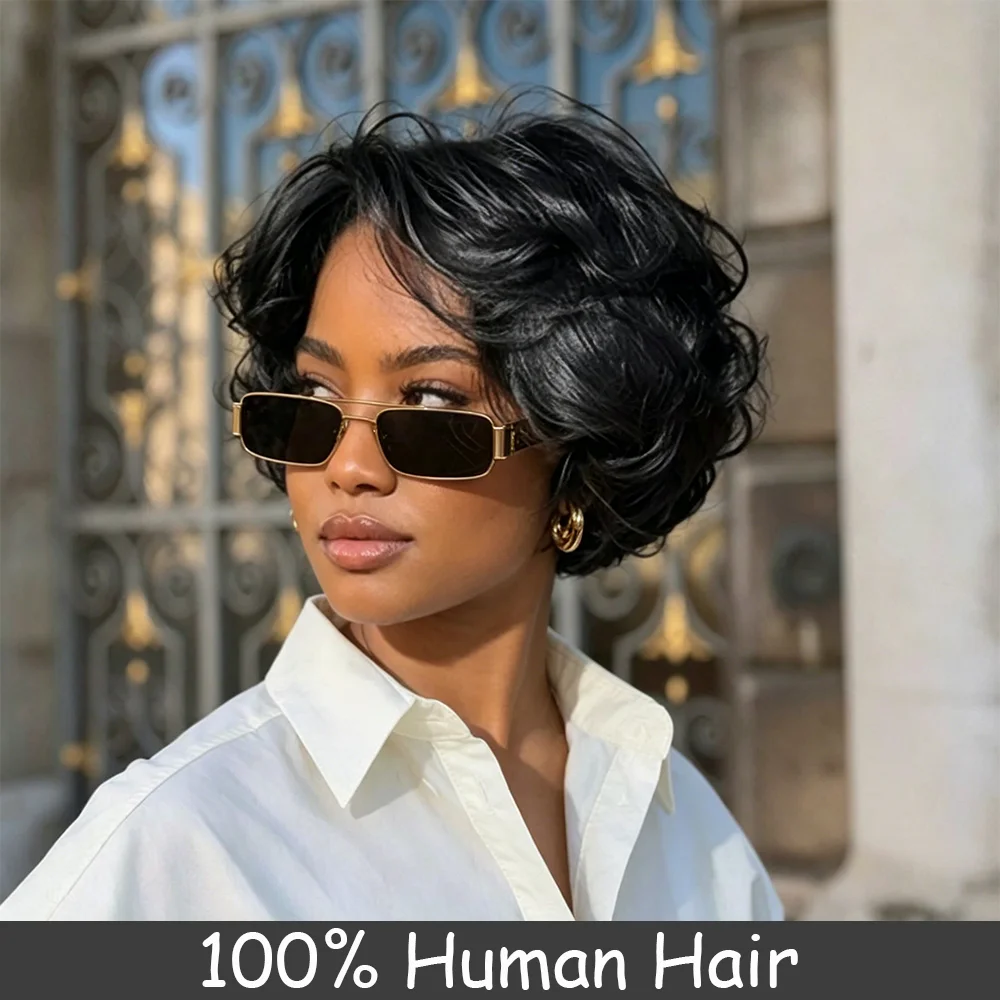 Körperwelle, kurze Pixie-Schnitt-Perücke, lockige Echthaar-Perücken für Frauen, 100 % Echthaar, brasilianisches Haar, maschinell hergestellt, verwirrungsfreie lockige Perücken
