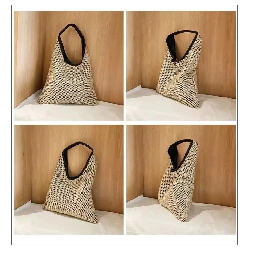 Bolsos de mano de tejido de color crema para mujer, bolsos de compras de estilo Simple de gran capacidad, bolsos de hombro de punto a la moda, nuevo, Verano