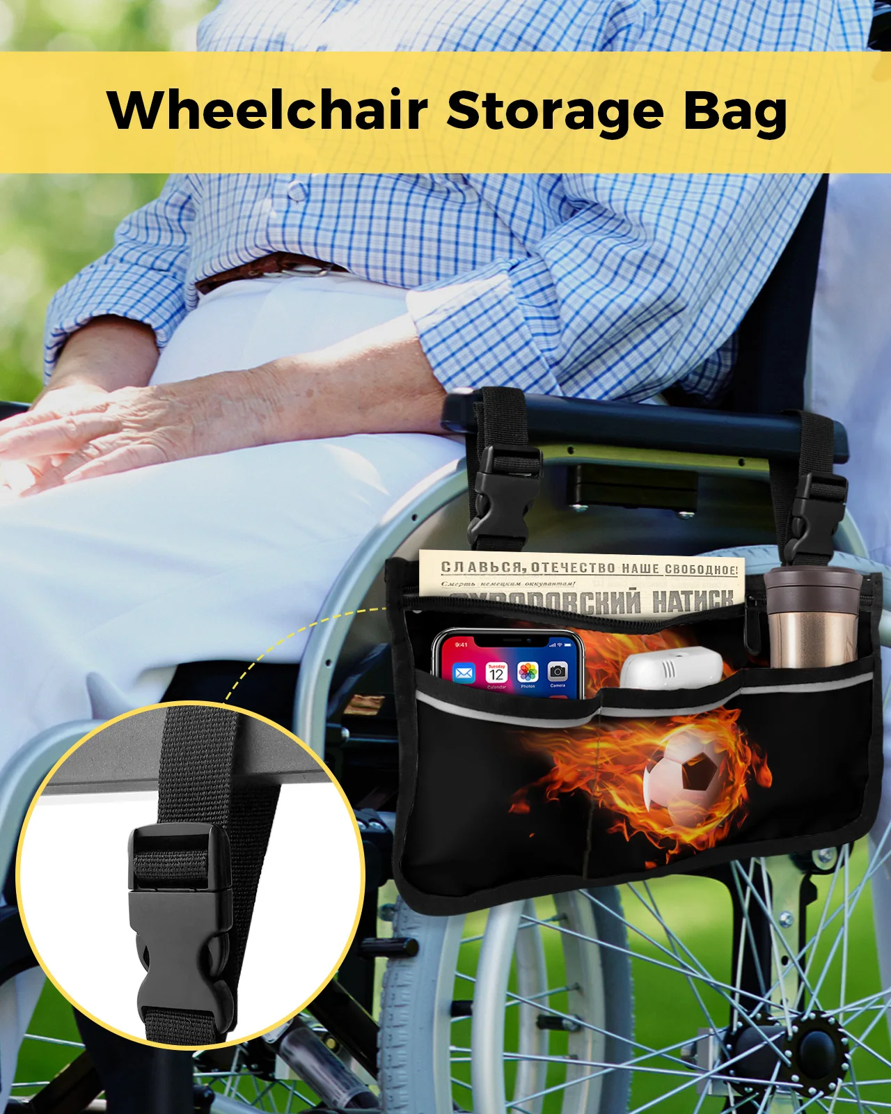 Flame Football Black Soccer Wheelchair Bag With Pockets Armrest Side Bags Electric Scooter Walking Frame Storage Pouch