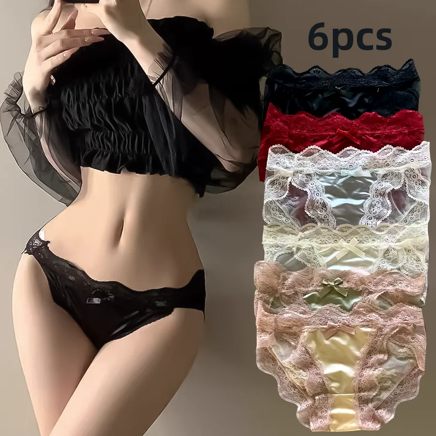 6Pcs/Set Women Sexy Lace Panties Underwear Satin Mesh Low Rise Hollow Briefs Thong Lingerie Sexy De Femmes