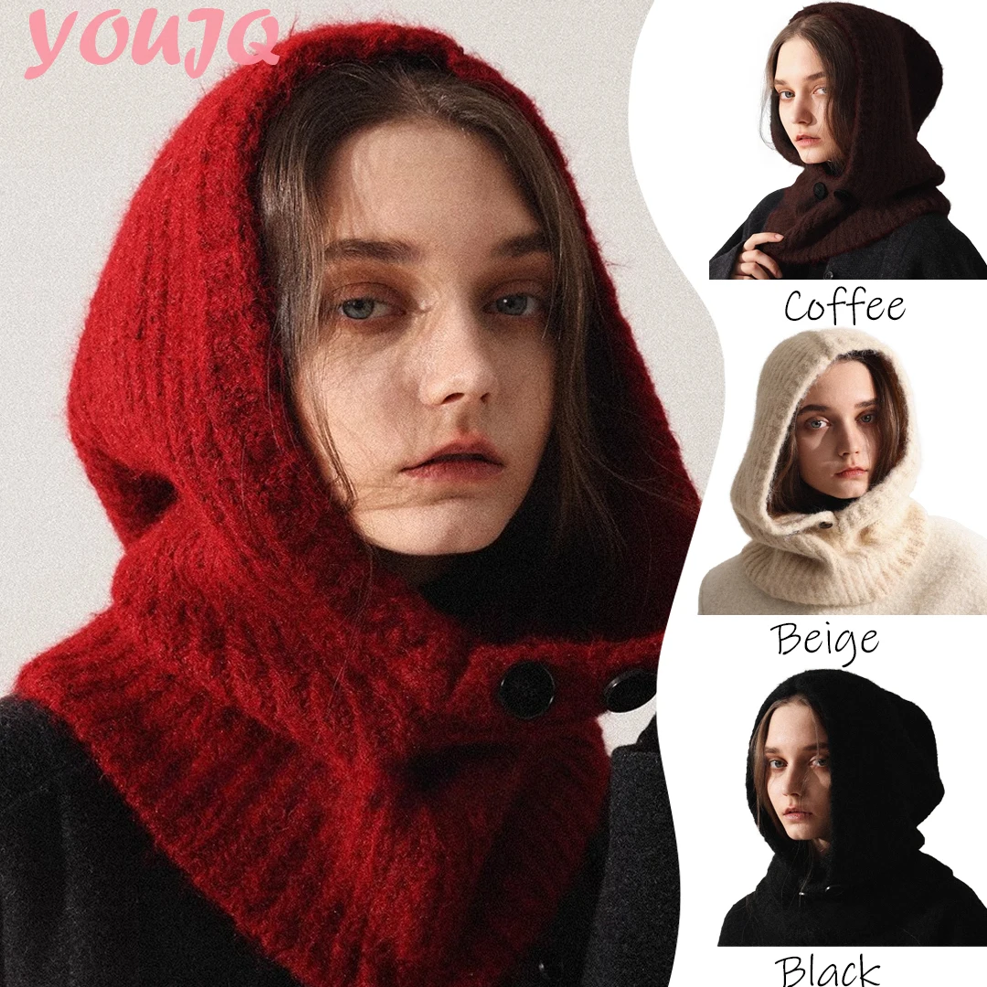

Y2K Warm Wool Blend Knitted Hats for Women Autumn Winter Red Baroque Cap Large Brim Streetwear Suitable Balaclava Hat for Youth