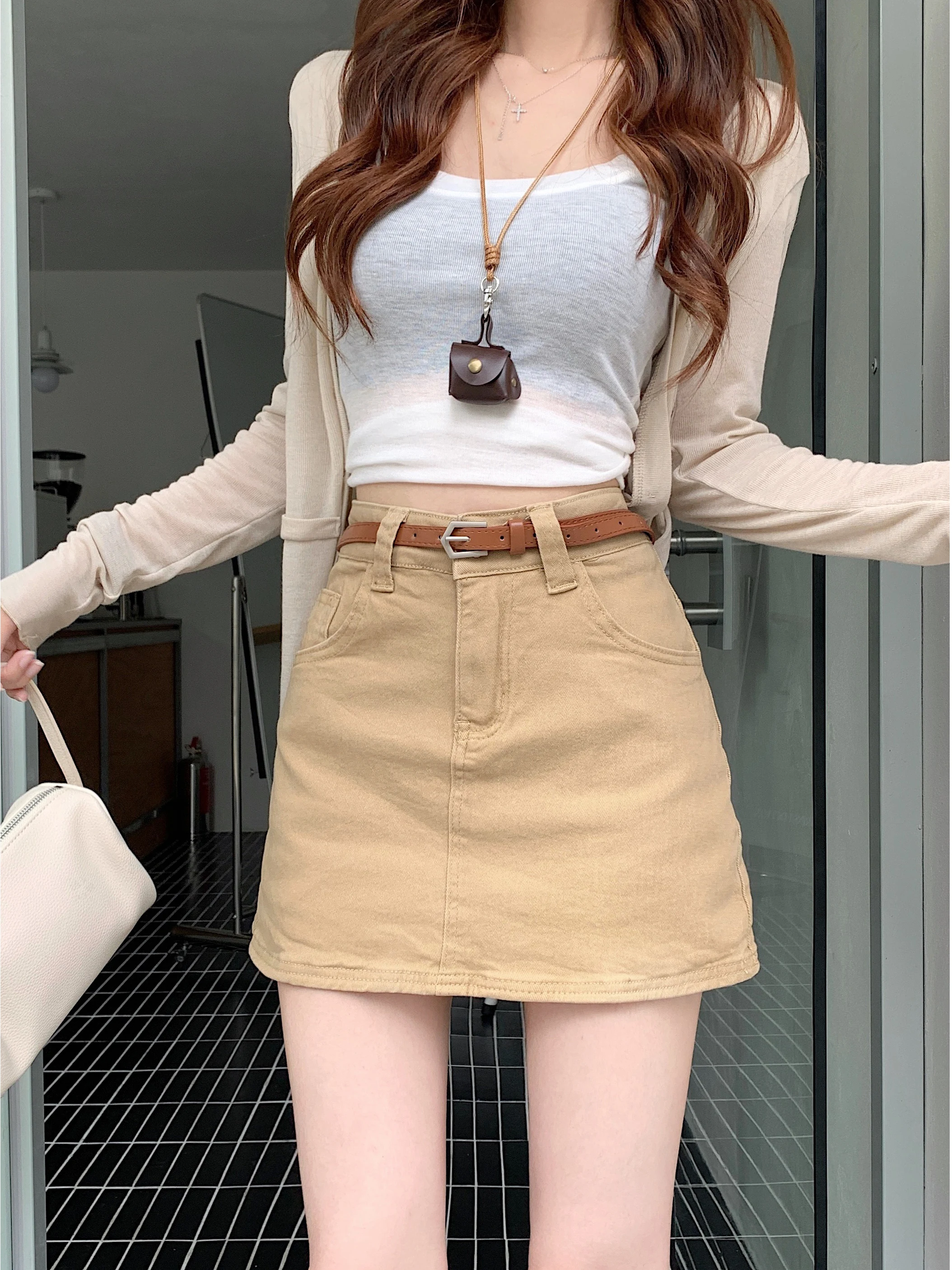 

High Waist A-Line Skirt Women's Denim Anti-Light Summer Slimming Khaki Color Commute Style with Folded Hemline