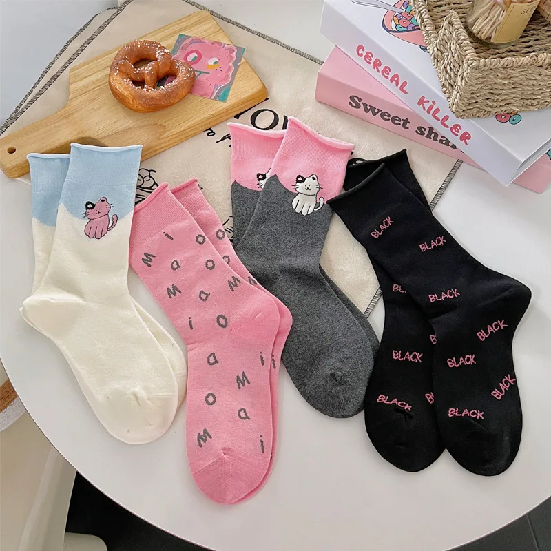 Korean Style Women Socks Cartoon Cat Print Japanese Kawaii Cute Socks Women Casual Letter Harajuku Streetwear Medium Tube Socks
