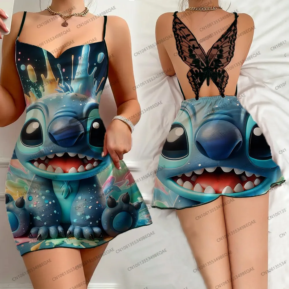 Summer Elegant Backless Party Dress for Women Sleeveless Butterfly Lace Cartoon Stitch Print Skirt Sexy Suspender Nightdress
