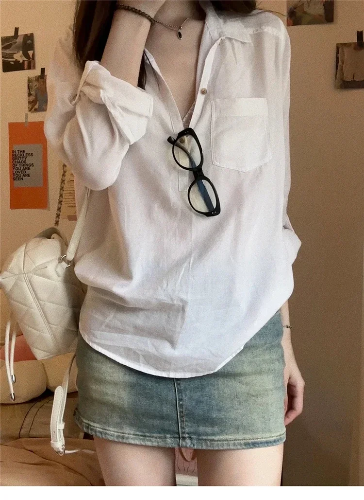 Camisa fina branca francesa de manga comprida feminina com top de temperamento sofisticado