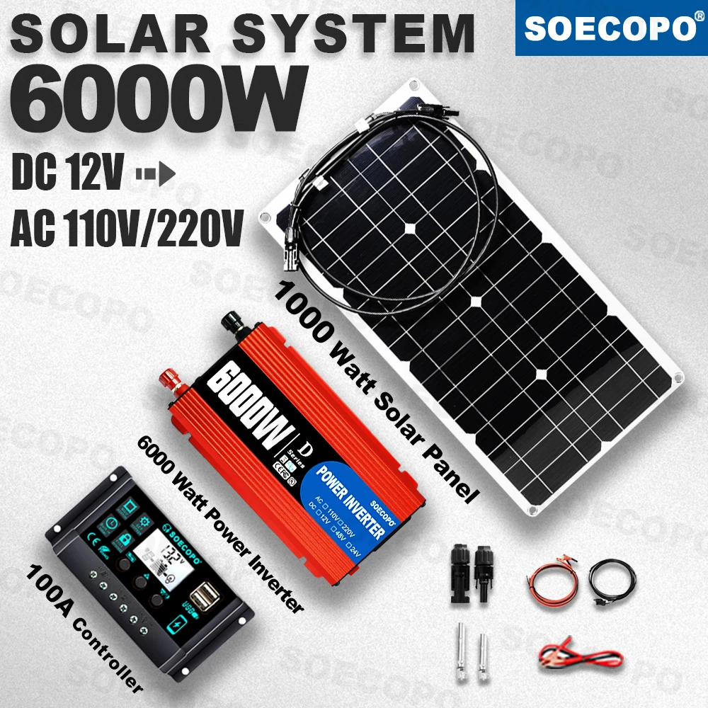 

6000W Peak Solar System Kit 1000W Panel DC 12V AC 110V/220V Inverter 100A Controller Complete Off Grid For camp Home charger