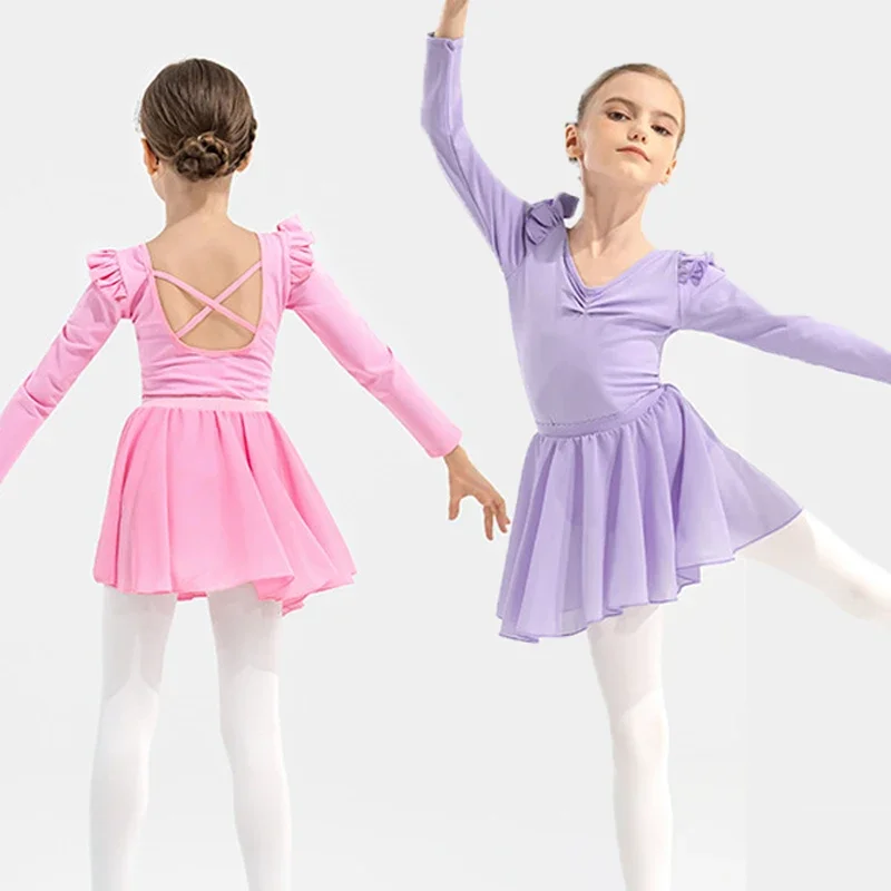 

New long-sleeved pink and purple girls' training clothes, ballet skirts, graded training clothes, children's dance clothes