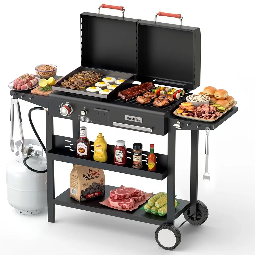 Dual Fuel Gas & Charcoal Grill Combo 327 Sq.In Propane Flat Top Griddle w/Cast Iron Griddle Dual Lids Side Shelves