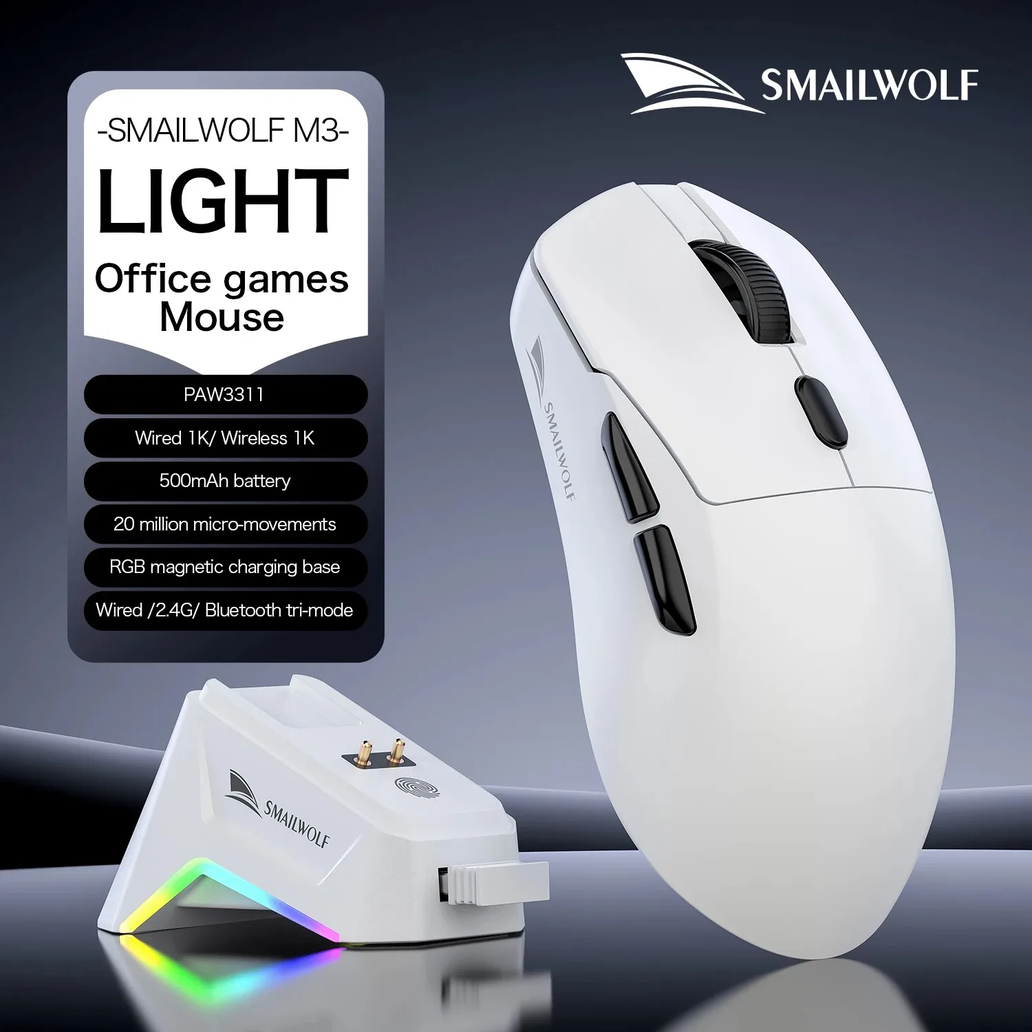 SMAILWOLF M3 Ergonomic Gaming Mouse Tri-Mode PAW3311 Optical Sensor 12000 DPI 1000Hz Lightweight Design for PC Laptop Gamer