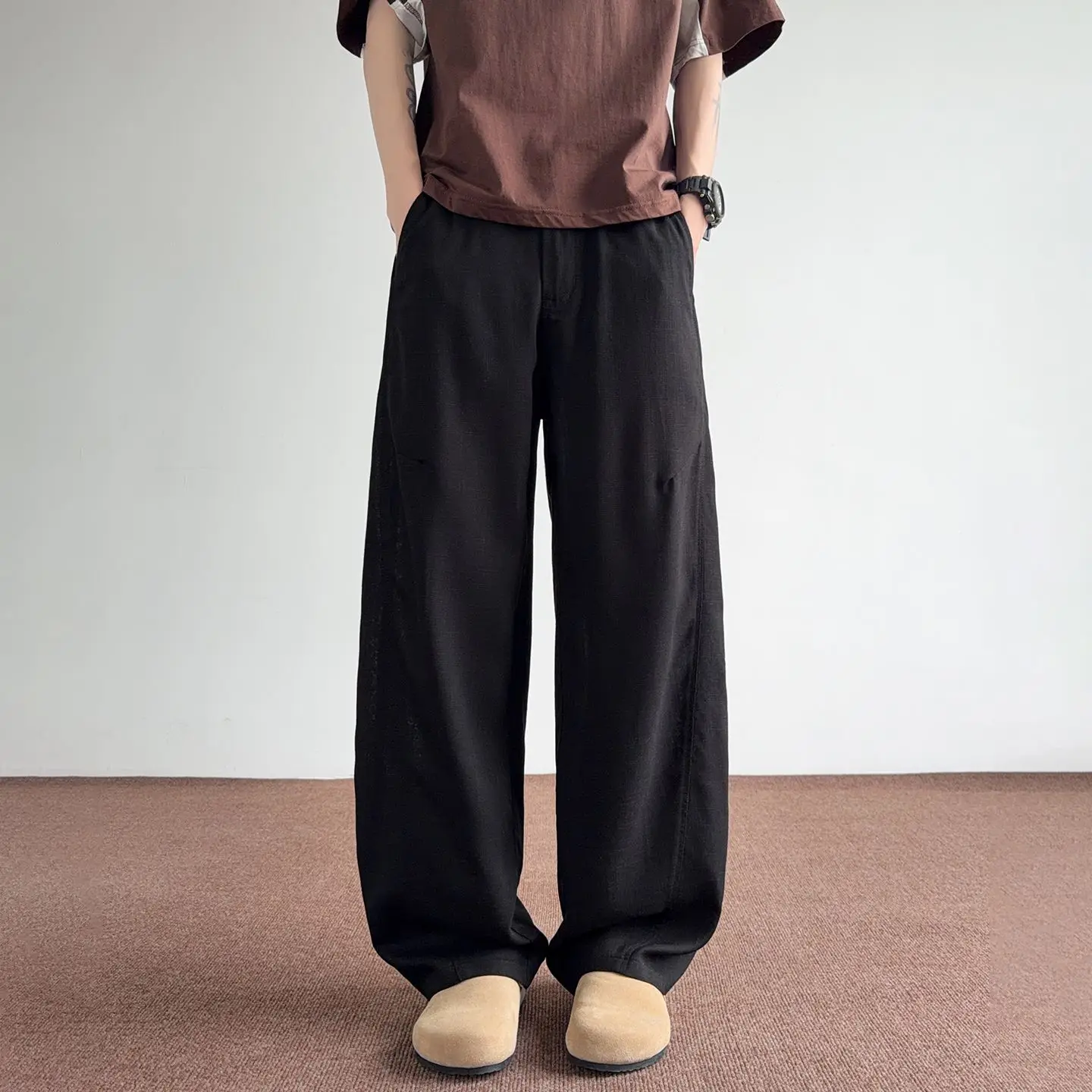 White Linen Wide Leg Men's Summer Casual Pants Straight Cut Trousers Old Money Style Comfortable Loose Fit Zipper Waist