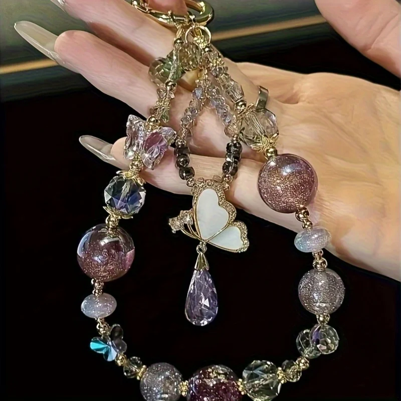 1pc Fashionable Butterfly And Water Droplet Beaded Fringed Mobile Phone Chain, Lucky Butterfly Pendant, Bag Hanging Rope, Hangin