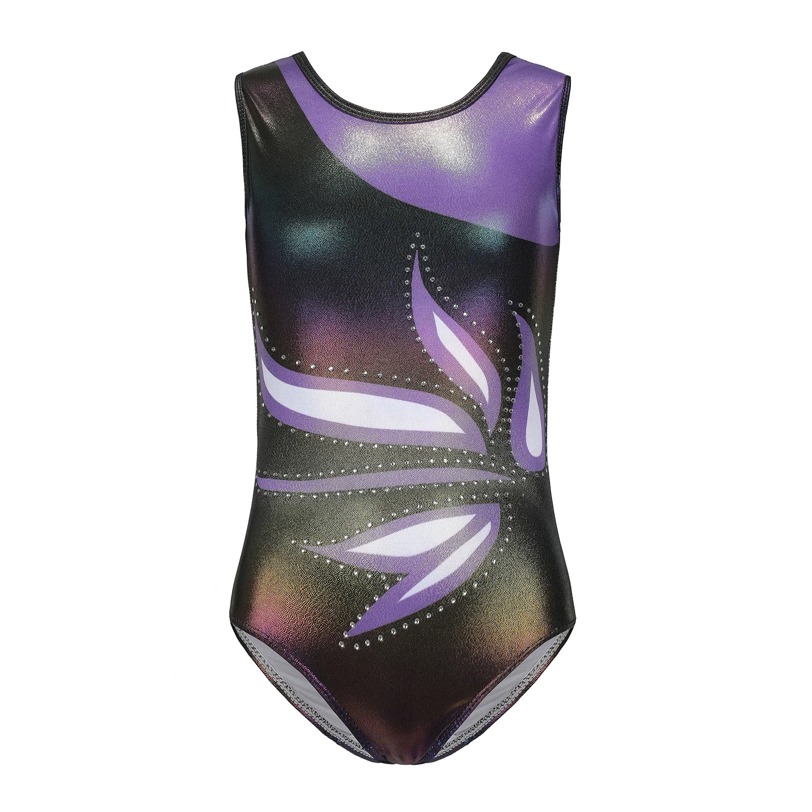 

Kids Girls Gymnastics Leotard Sparkly Rhinestones Color Block Printed Sleeveless Bodysuit Tracksuit Acrobatics Skating Costume