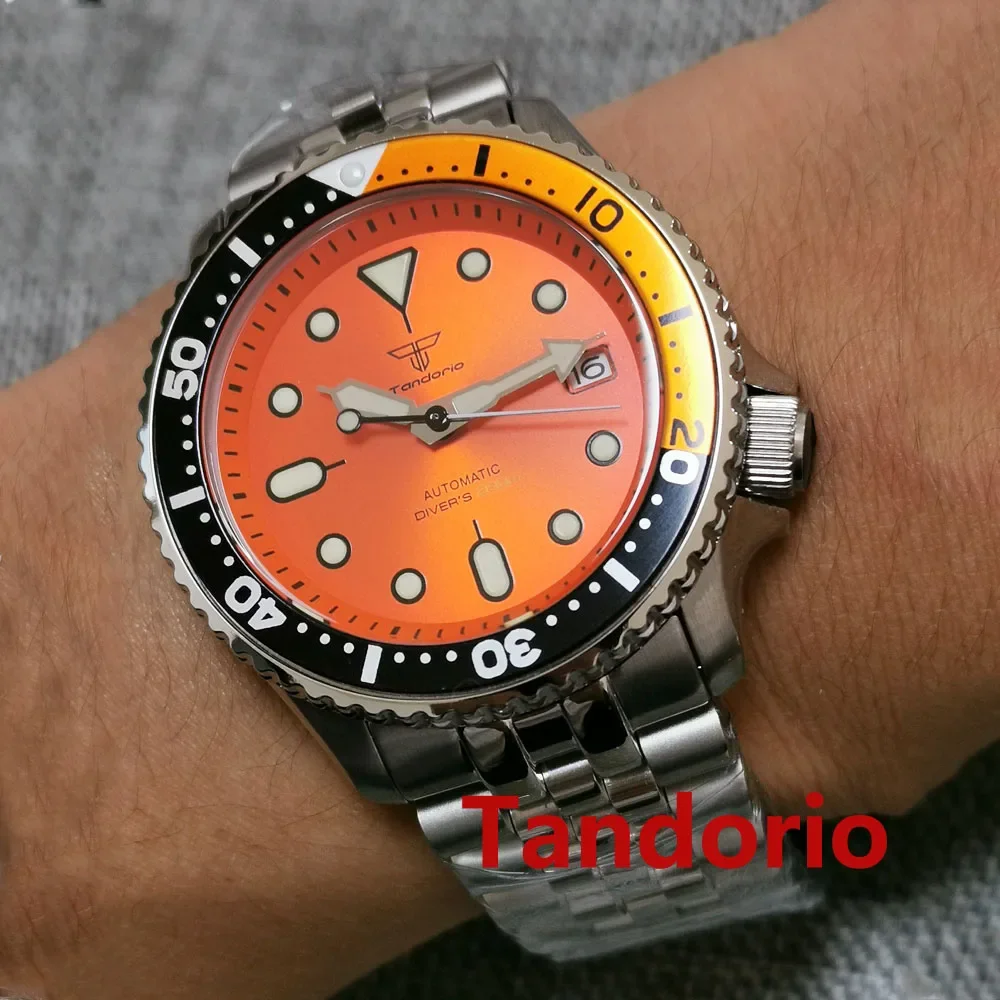 

Tandorio 41mm NH35A Orange Sunburst Dial Auto 200M Diving Men Watch Sapphire Glass Date Lume Hands Rubber Strap Roating Bezel