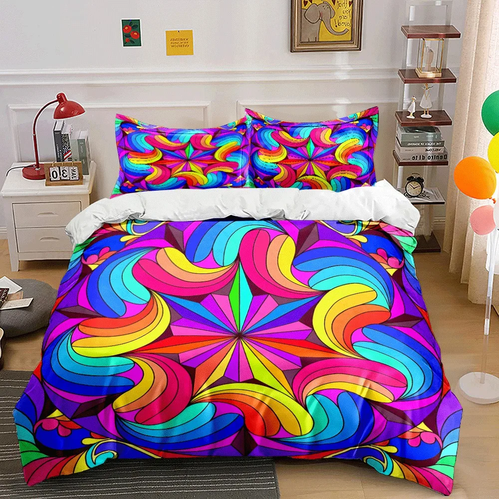 3PC Colorful Rainbow Mandala Prints bedding Set. Exquisite three-piece bedding set gift for kids and adults
