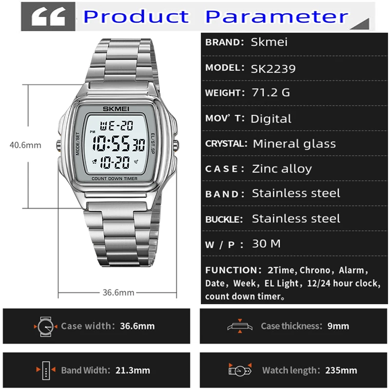 Skmei Luxusmarke, wasserdichte Digitaluhren, 24-Stunden-Anzeige, LED-Licht, Chronograph, modisches Edelstahlarmband, Dualzeit