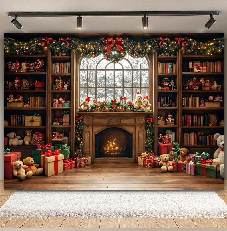 クリスマスのおもちゃのクマの写真の背景,ギフトルーム,暖炉,クリスマスツリーの鐘,木製の本棚の花輪,写真スタジオ