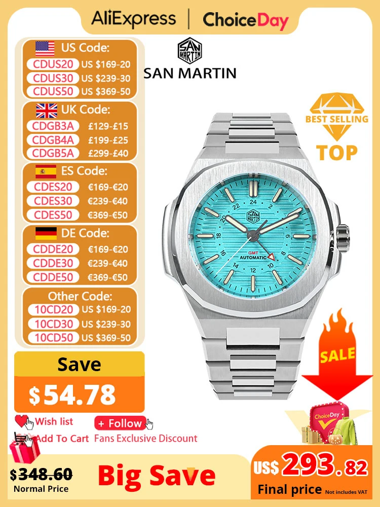 

San Martin Mens Watch New 43mm GMT Classic Business Luxury Automatic Mechanical Watches for Men Sapphire 10Bar BGW-9 Luminous